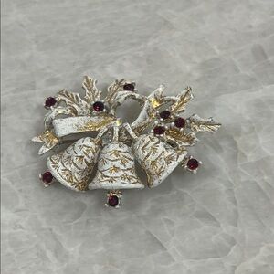 Dodds Red Green Rhinestone, White And Gold Painted Bells Brooch